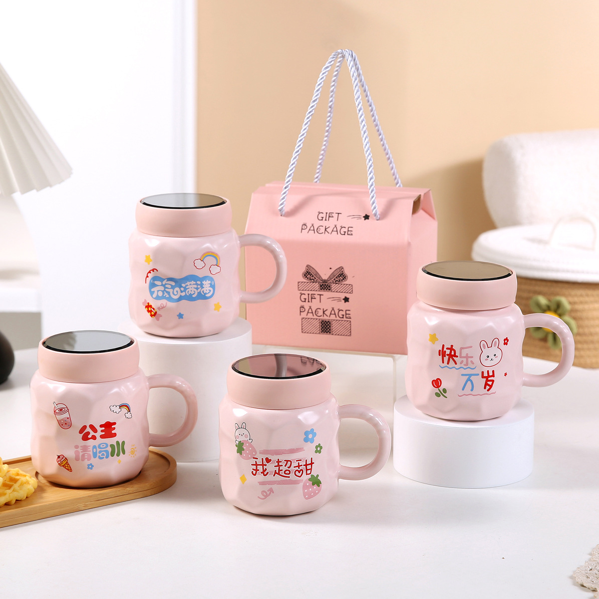 Zogift浅蓝色金色仙人掌陶瓷咖啡杯，带镜盖 - Product Image 2