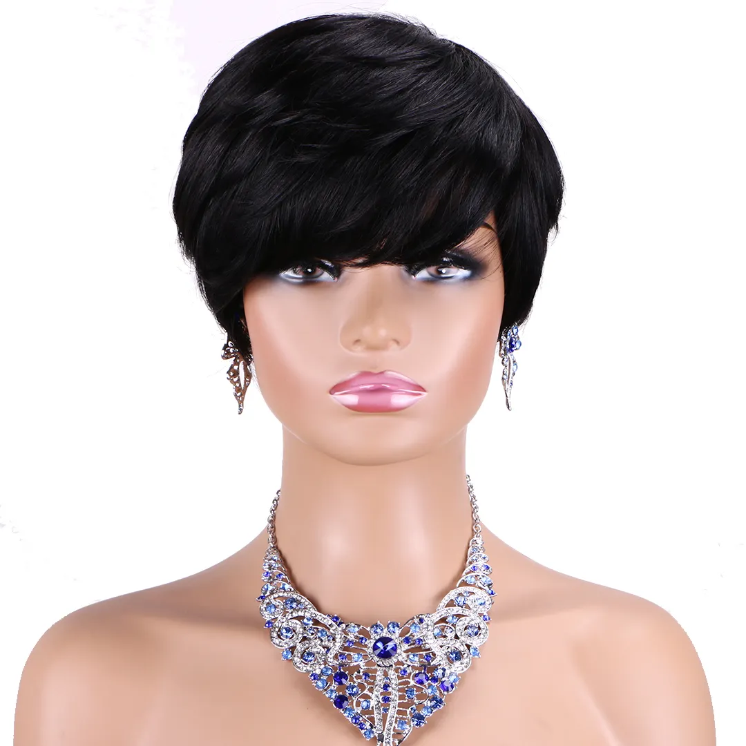 Pelucas de cabello humano brasileño para mujeres negras, pelo corto 100% con flequillo, corte Pixie rizado, Bob, Natural Real