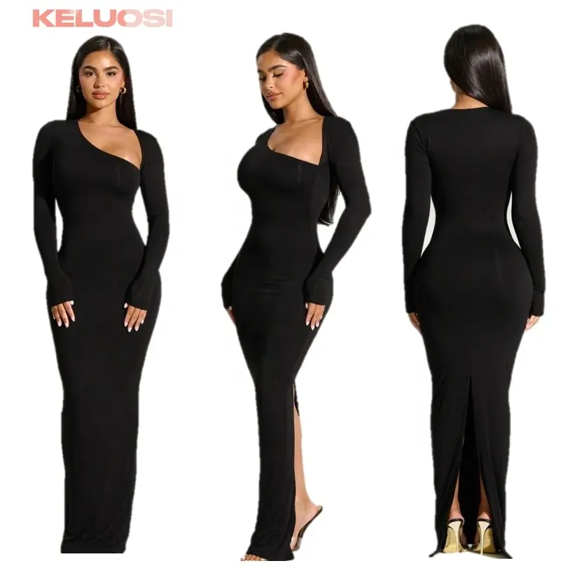 Nouvelle mode de robe asymétrique fendue drapée à manches longues et col fendu robes moulantes de soirée noires sexy et élégantes avec fente pour femmes