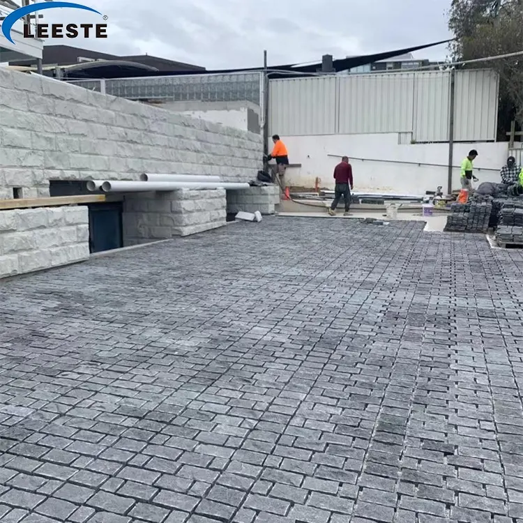 Adoquín de granito gris oscuro para exteriores, pavimentadora de granito gris oscuro con met on back, promoción de fábrica