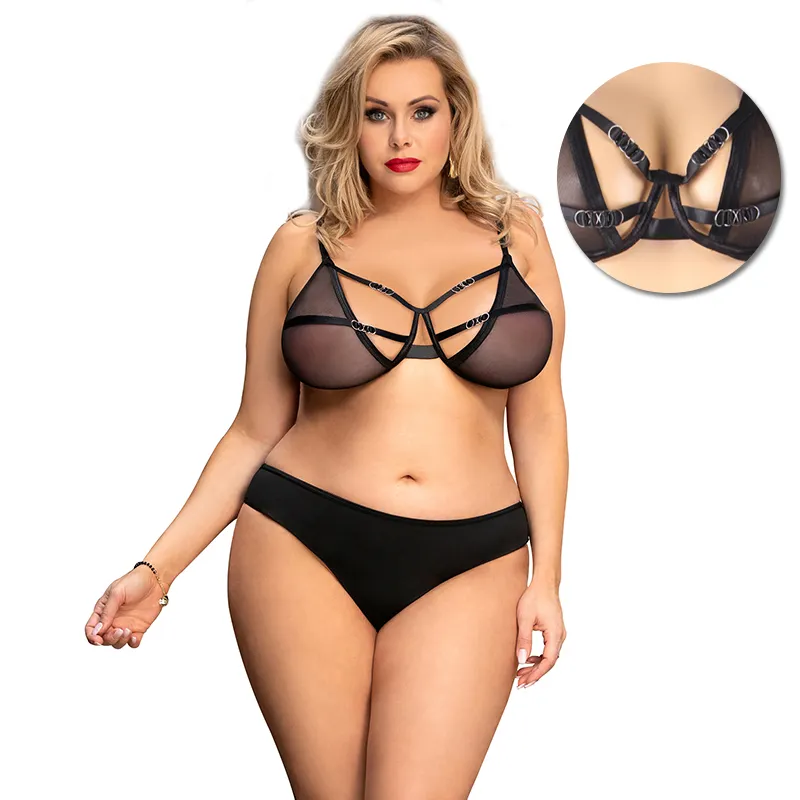 Lingerie erótica com alças de malha, feminina, preta, sexy, plus size, sutiã e calcinha elegante, de luxo