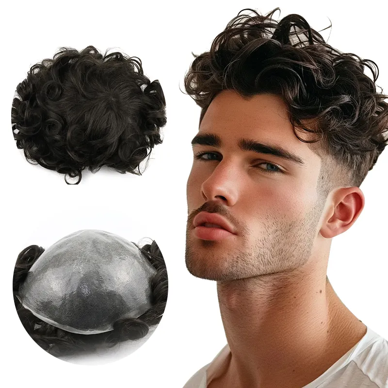 Peruca de cabelo humano para homens, prótese capilar em PU personalizada com laço frontal em V, substituição de peruca de cabelo não remy