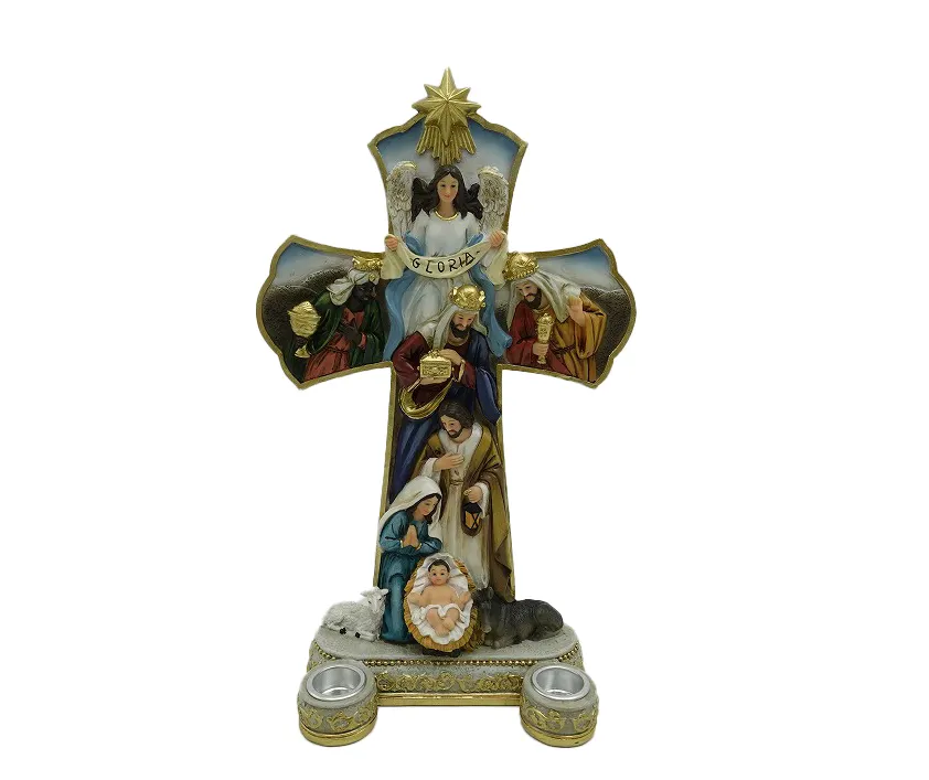 Top Grace Sainte Famille Sculpté Bougeoir Peint À La Main Nativité Figure Résine Ornement Cadeau Religieux