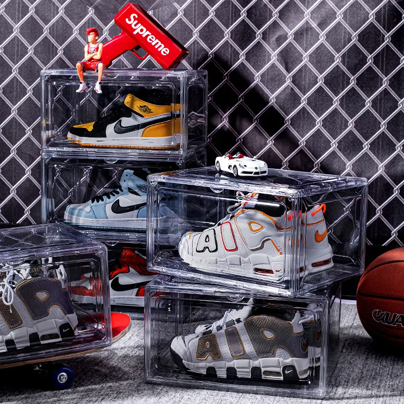 Wholesale Transparent Plastic Sneaker Stackable Shoe Storage Boxes Drop Side Drawer Type Magnetic Clear Shoe Box