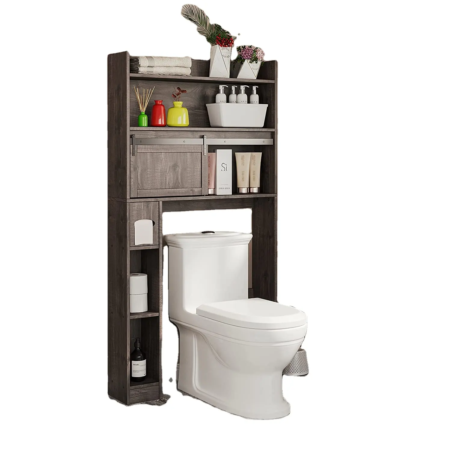 Conception en bois étagère organisatrice à 6 niveaux armoire de rangement de toilette avec porte coulissante