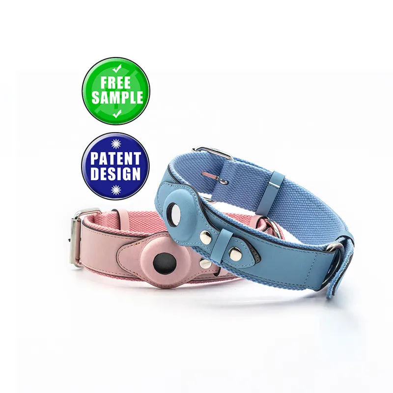 OEM Custom Adjustable Personalize Pet Accessories Luxury Vegan PU Leather Dog Collar with Airtag Case