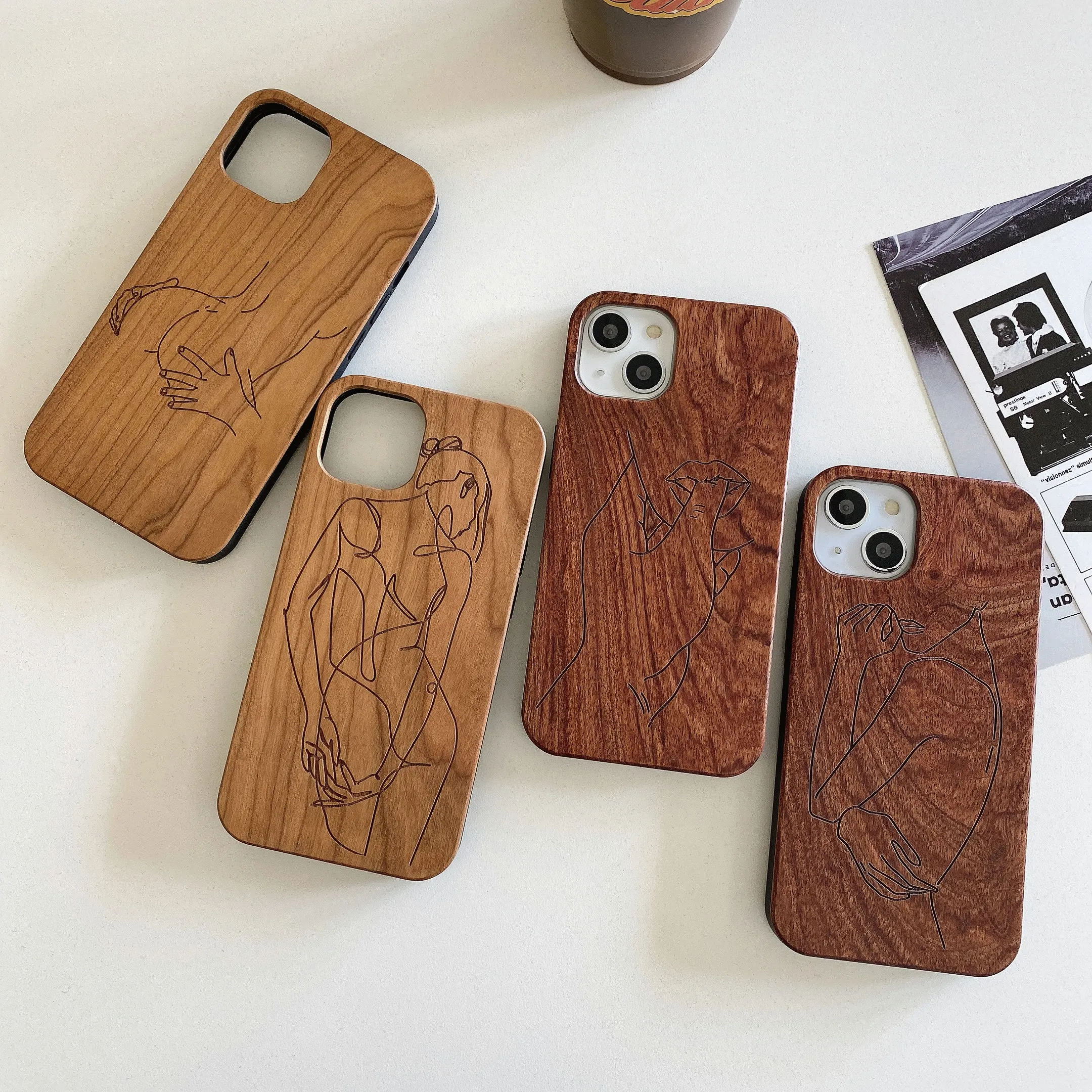 Funda de teléfono móvil de madera tallada a mano de madera Real Natural de líneas de arte corporal Sexy para iPhone 14 pro Max funda de teléfono de madera en blanco