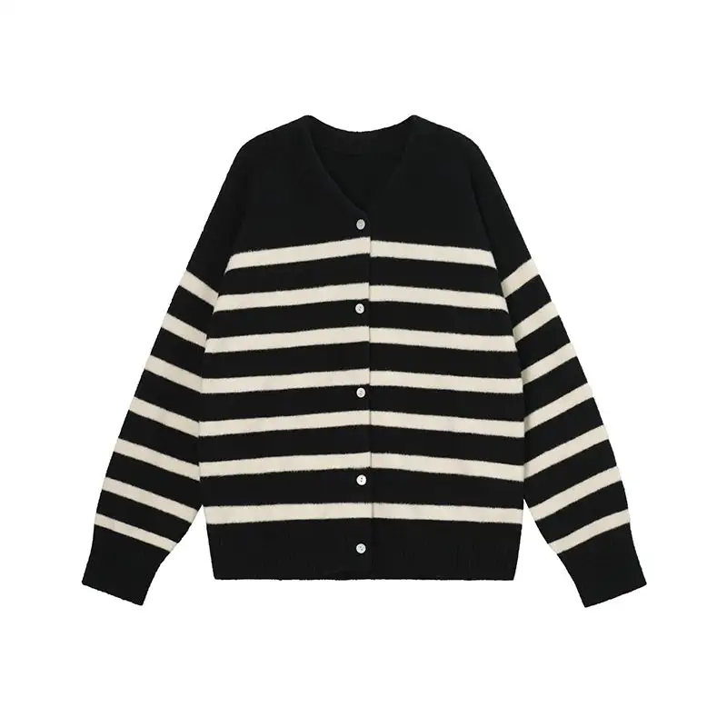 Vente en gros tempérament ample et rayures polyvalentes Design personnalisé col en V noir et blanc décontracté rayé nautique rayé Cardigan