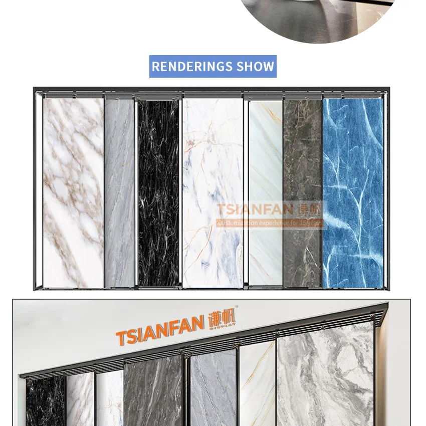 High quality large ceramic marble artificial tiles showroom  customized metal quartz sliding Natural stone display stand