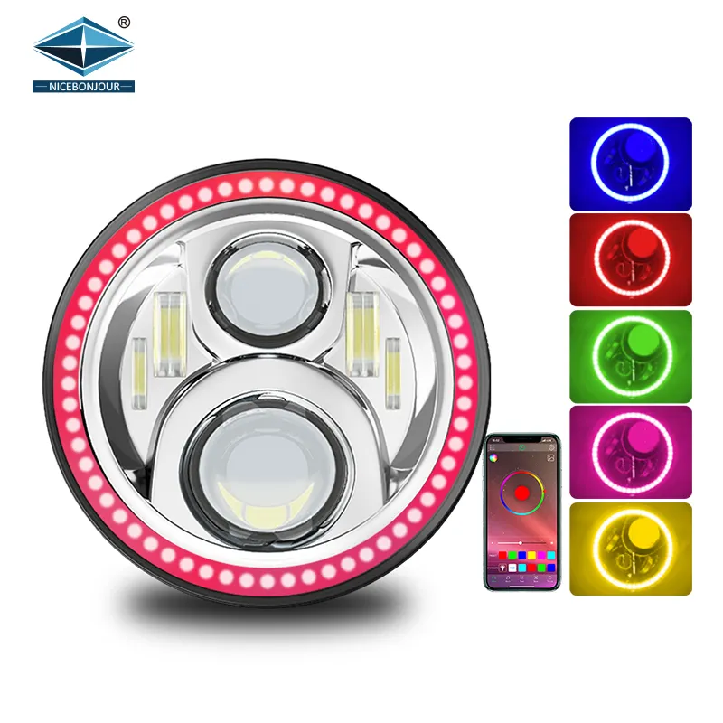 Lampe frontale ronde à Led de 7 pouces, phare de jour avec yeux d'ange, rvb, contrôle par application, pour Jeep JK