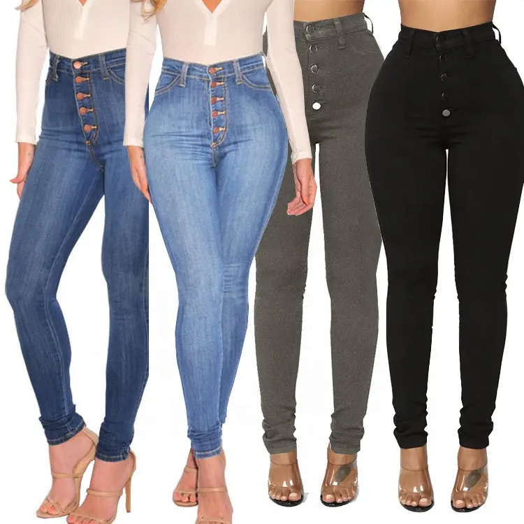 Pronto per la spedizione del Commercio All'ingrosso Della Signora di Modo pulsante fly denim skinny slim pantaloni delle donne dei jeans a vita alta