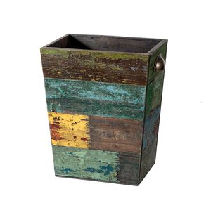 Wholesale Rectangular <strong>Garbage</strong> Can Wood Trash Can Waste Basket Rustic Distressed Boho Wooden Trash <strong>Bin</strong> <strong>with</strong> Metal <strong>Handles</strong>