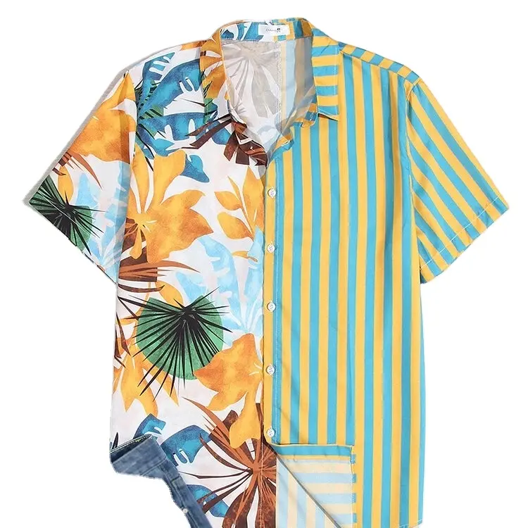 Camisa havaiana masculina de verão, estampa geométrica, camisas com botão de manga curta, blusa, top, solta, casual, roupa masculina de verão