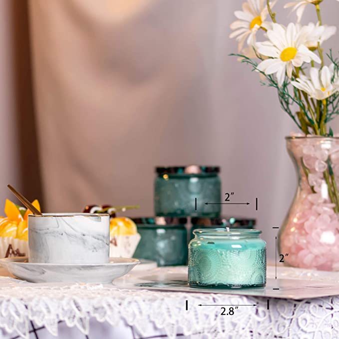 Blue Embossed Glass Candle Container jar with Tin Lid and Labels, 4 oz