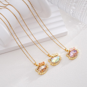 Kadınlar için karikatür pembe Rhinestone Hello Kitty kedi kolye kız öğrenci moda klavikula zincir takı hediyeler