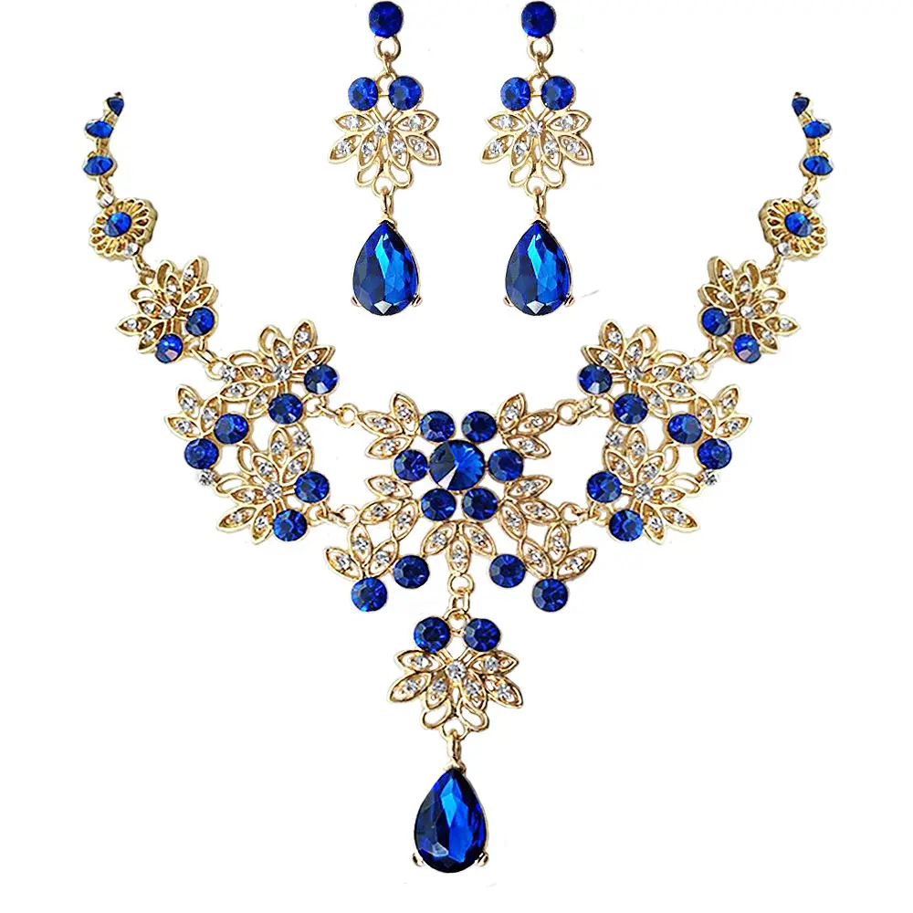 Conjunto de joyería nupcial para mujer, collares y pendientes de flores con diamantes de imitación