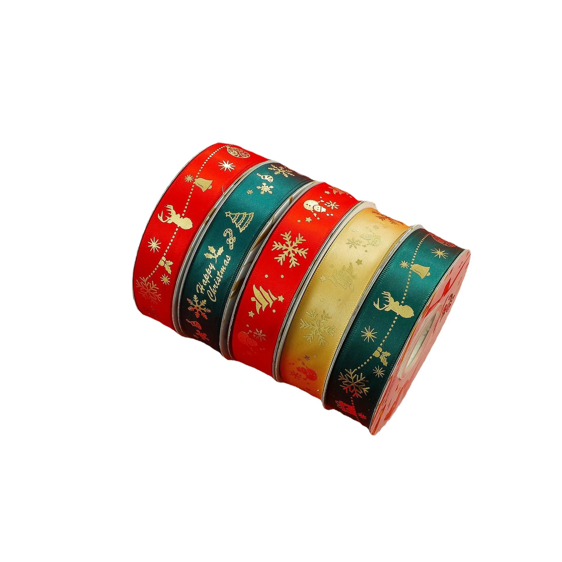 Fitas personalizadas da folha do ouro Merry Christmas Deer Santa Claus Impresso 25mm cetim Christmas Ribbon Roll para decoração