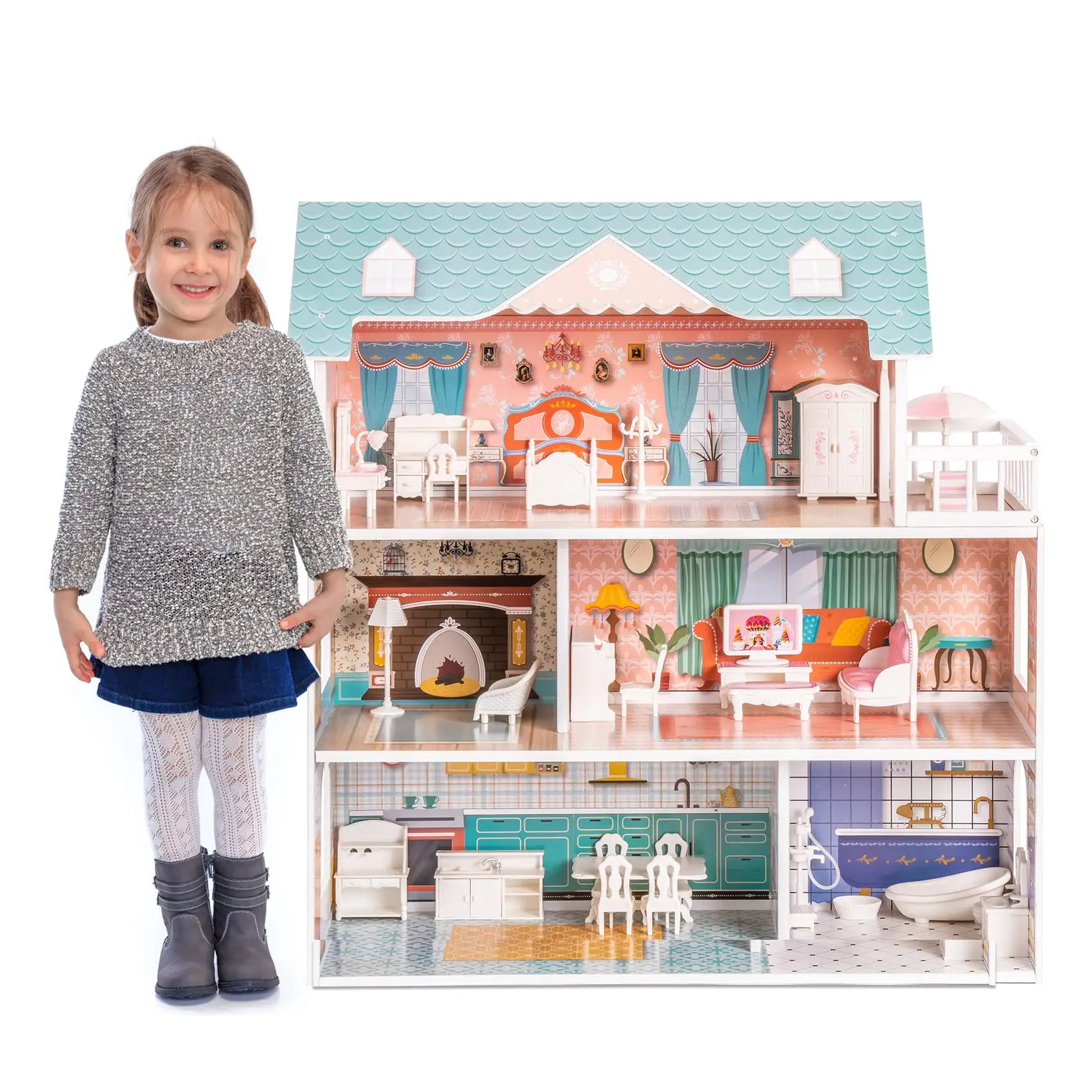 Gran oferta casa de muñecas de madera para niños y niñas, juguete para regalo para 3 4 5 6 años, hermosa casa de princesa con mini muebles realistas