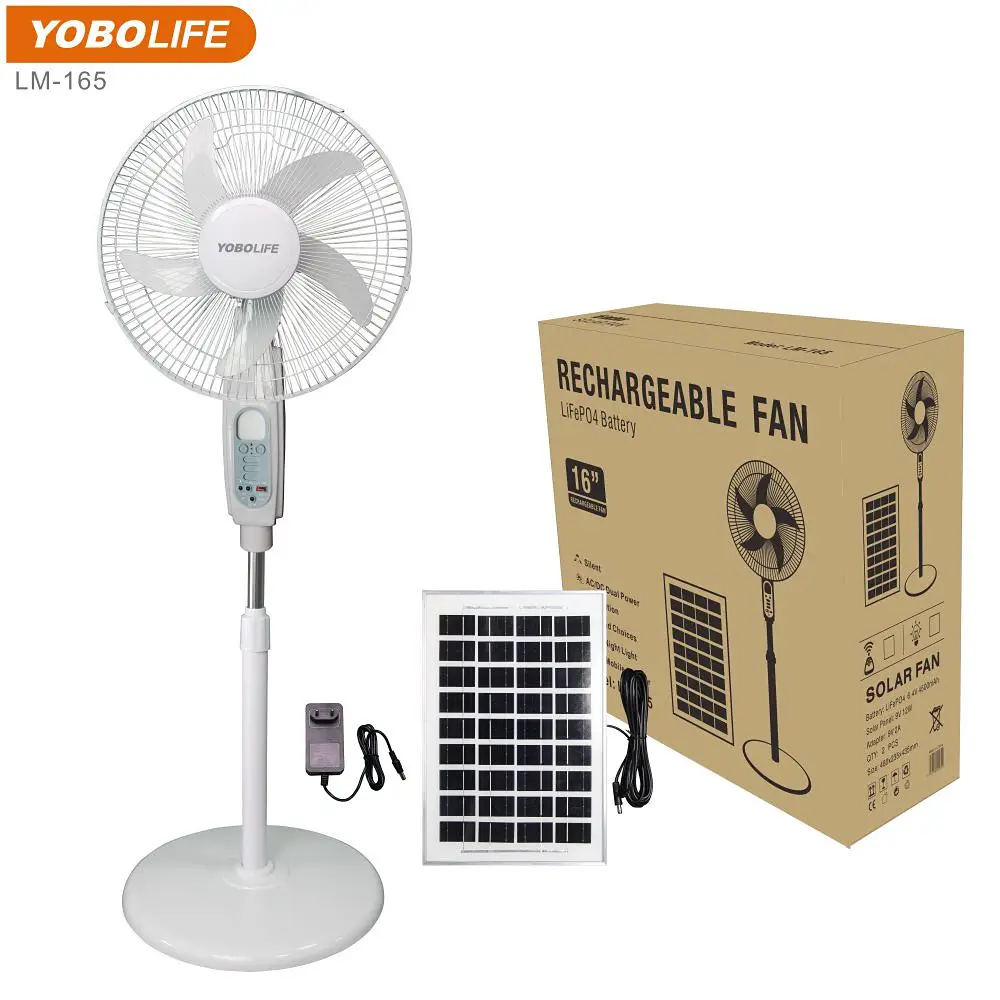 New Model LM-165 AC/DC Operated 16 Inch Rechargeable Stand Fan With LED Light USB Output Charging Solar Fan for Home