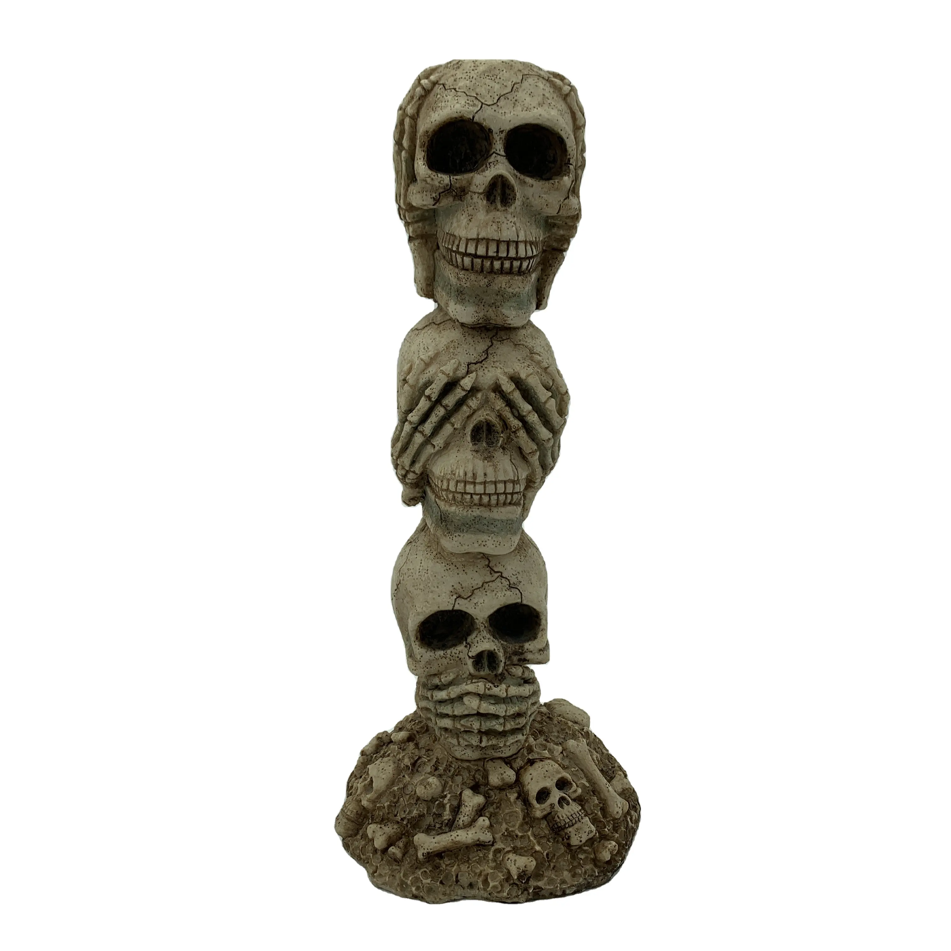 Estatua religiosa gótica Pilar de calavera de tres cabezas Resina hecha a mano Esqueletos Ornamento Estatuilla de calavera artificial Acentos decorativos