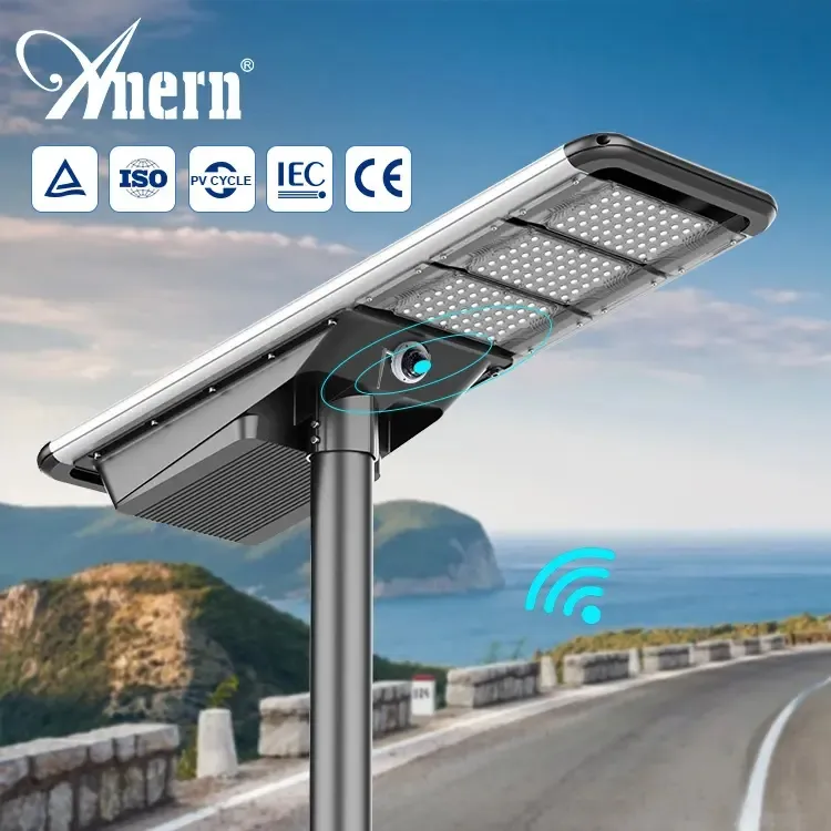 Anern الطريق ضوء السلامة 100w الطاقة الشمسية led ضوء الشارع مع كاميرا في الهواء الطلق