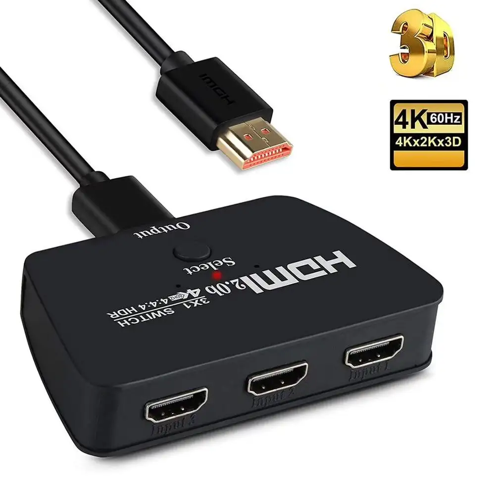 Répartiteur de commutateur HDMI 4K 60Hz 2.0b 3x1 3 ports 3 inout 1 sortie commutateur HDMI 4K HDR avec câble HDMI en queue de cochon