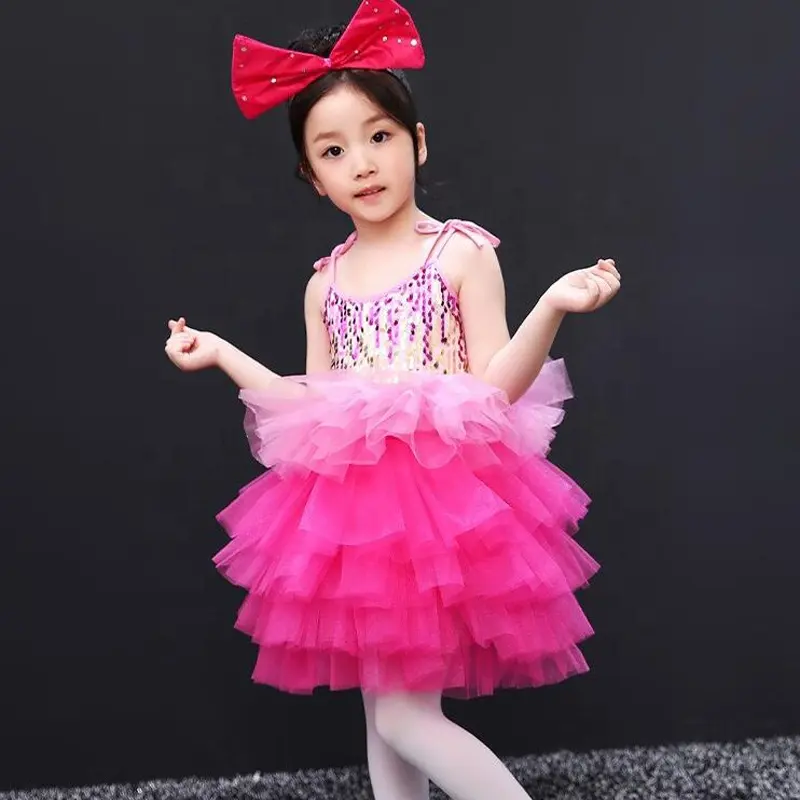 Ropa de actuación para niños, Ropa de baile con lentejuelas, vestido de tutú rosa, traje de baile de Jazz para niñas, ropa de escenario, vestido de princesa para niños pequeños