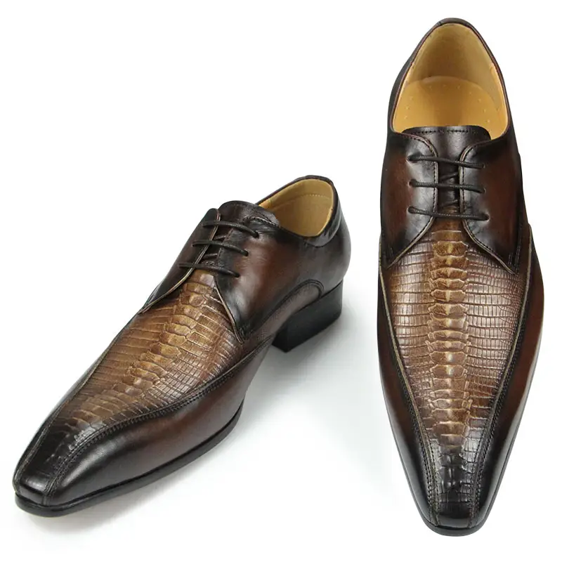 Zapatos de vestir de cuero de vaca para hombre, calzado formal con estampado de cocodrilo, estilo Derby