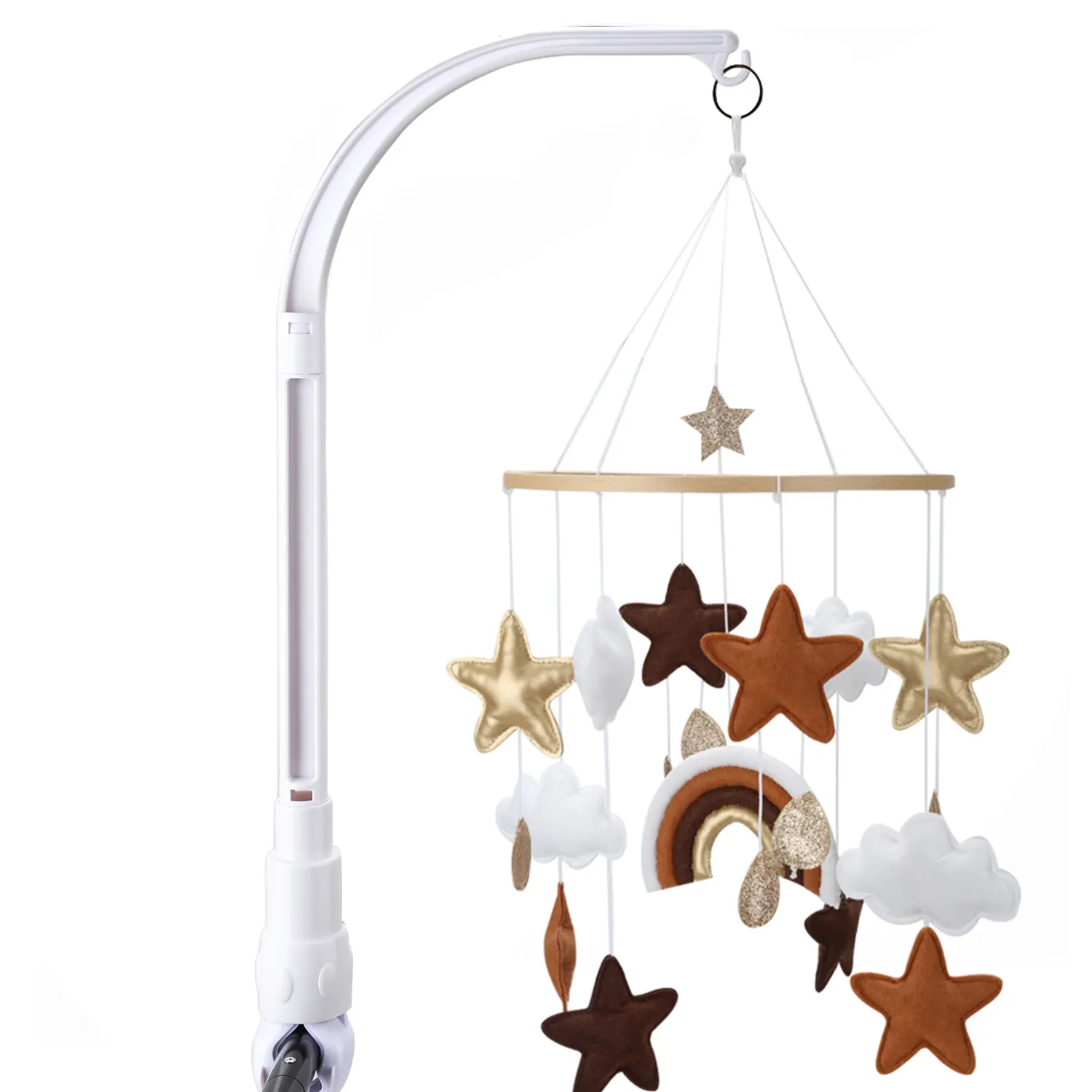 Feltro para bebê decoração de berçário, estrelas nuvens arco-íris feltro brinquedos do bebê com som de luz, caixa de música