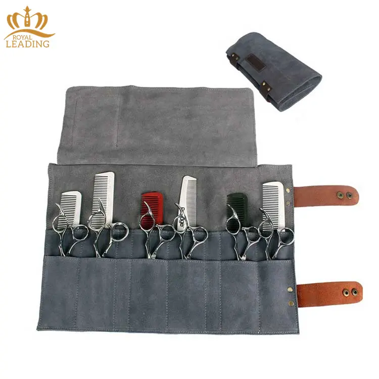 Custom Logo Roll Up Leather Barber Equipment Kit Foldable Barber Tools Scissors Bag