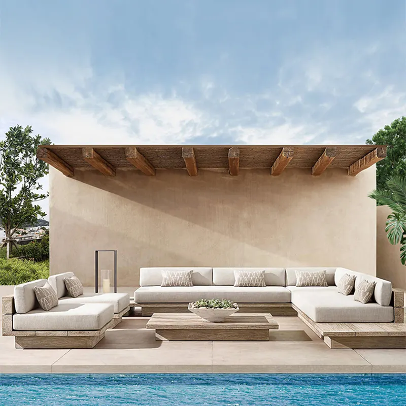Villa de luxe Ensemble de canapés de meubles de jardin en teck moderne Canapé modulaire en bois de teck massif Ensemble de canapés d'extérieur en teck en forme de L