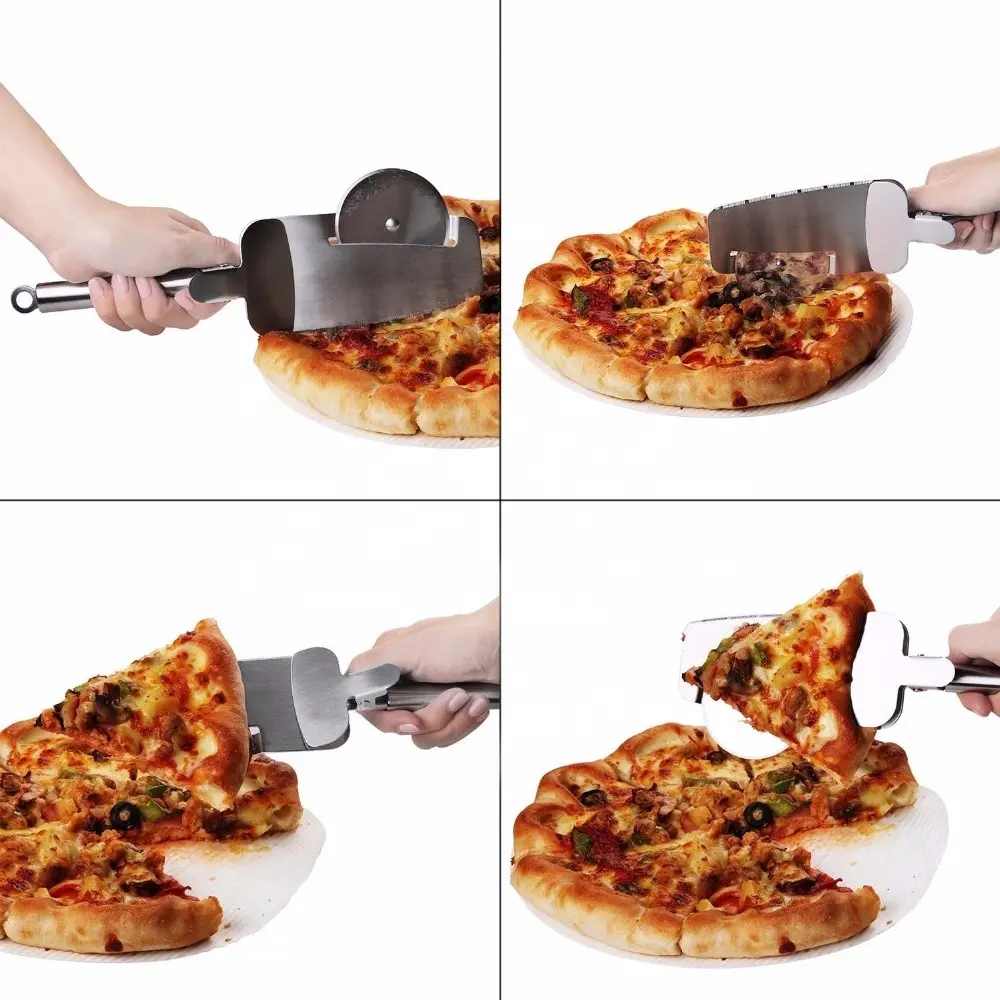 Multifunctional Stainless Steel Pizza Cutter Cake Server Shovel with Clip
