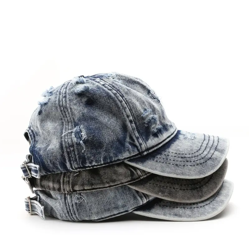 Casquette de baseball vintage en jean déchiré avec logo personnalisé chapeau de papa bleu lavé en détresse