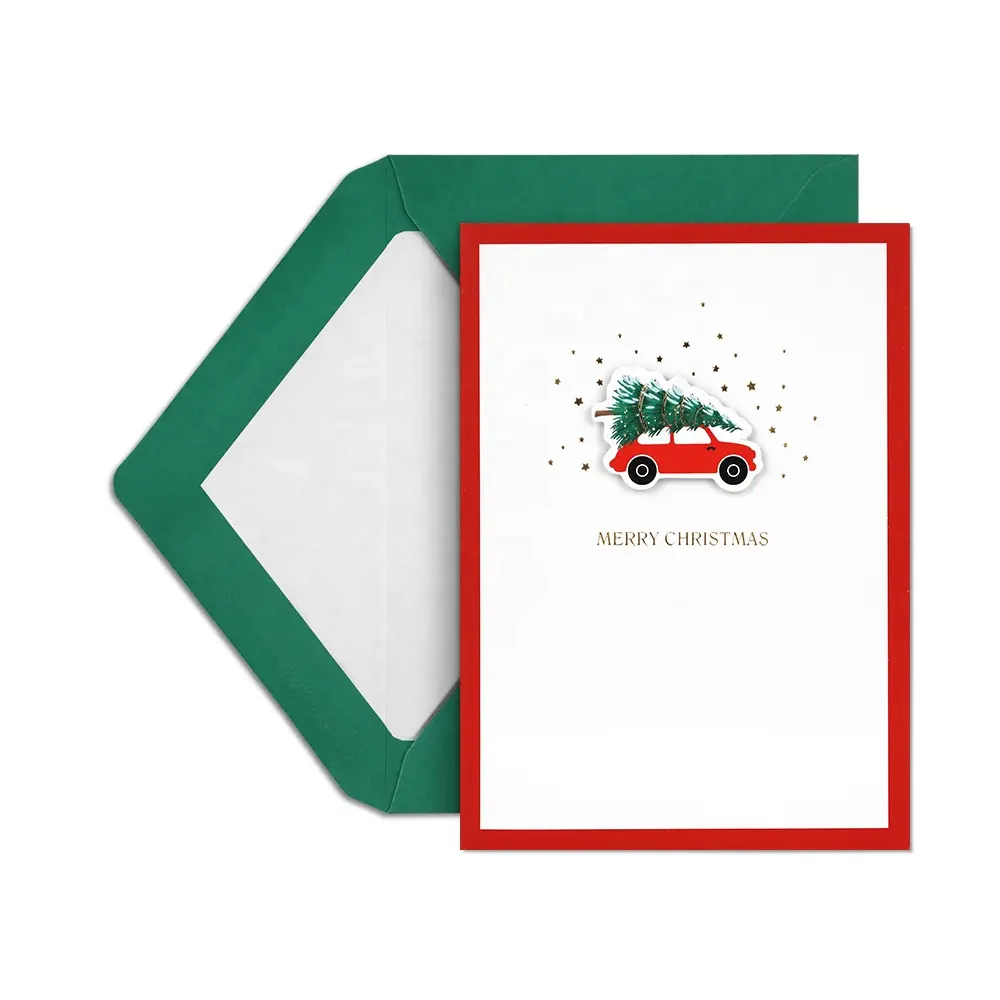 Tarjeta de felicitación de Feliz Navidad con sobres, impresión personalizada Premium, árbol de aluminio dorado, plegable, hecho a mano, para vacaciones, fabricante