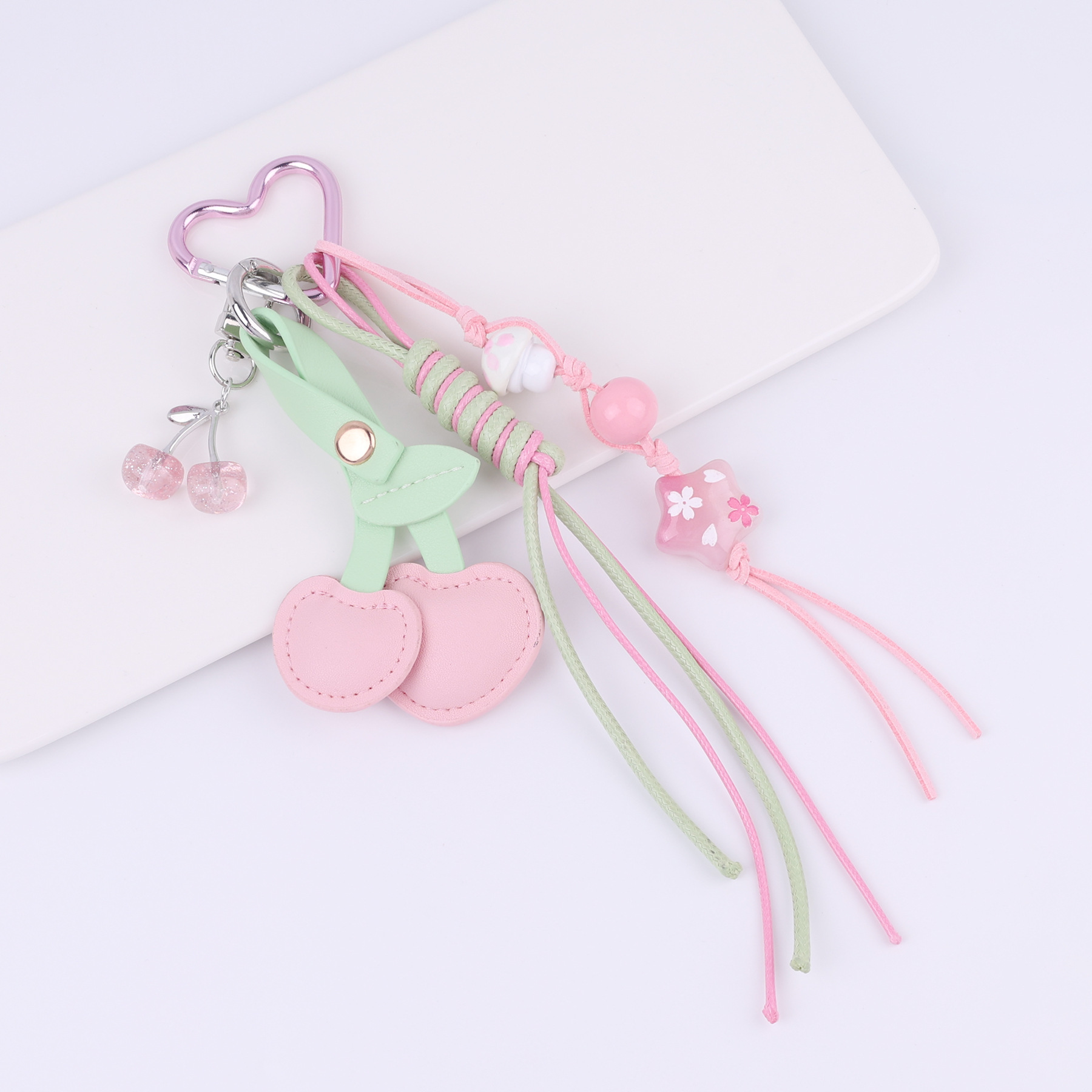 Pink Leather Cherry Braided Rope Keychains