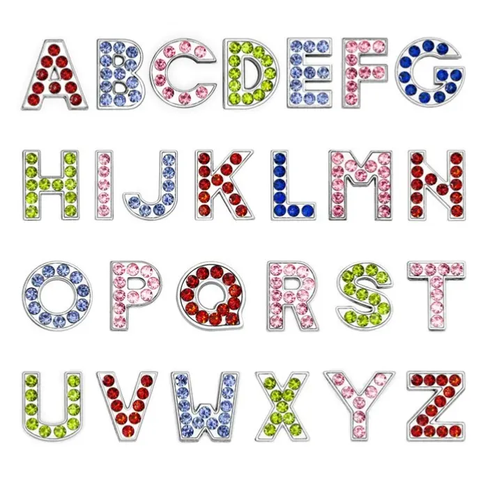 Lettere alfabetiche scorrevoli in metallo con strass A-Z 10mm per collare cane fai da te Braccialetti Bikini che fanno artigianato ciondoli con lettere scorrevoli