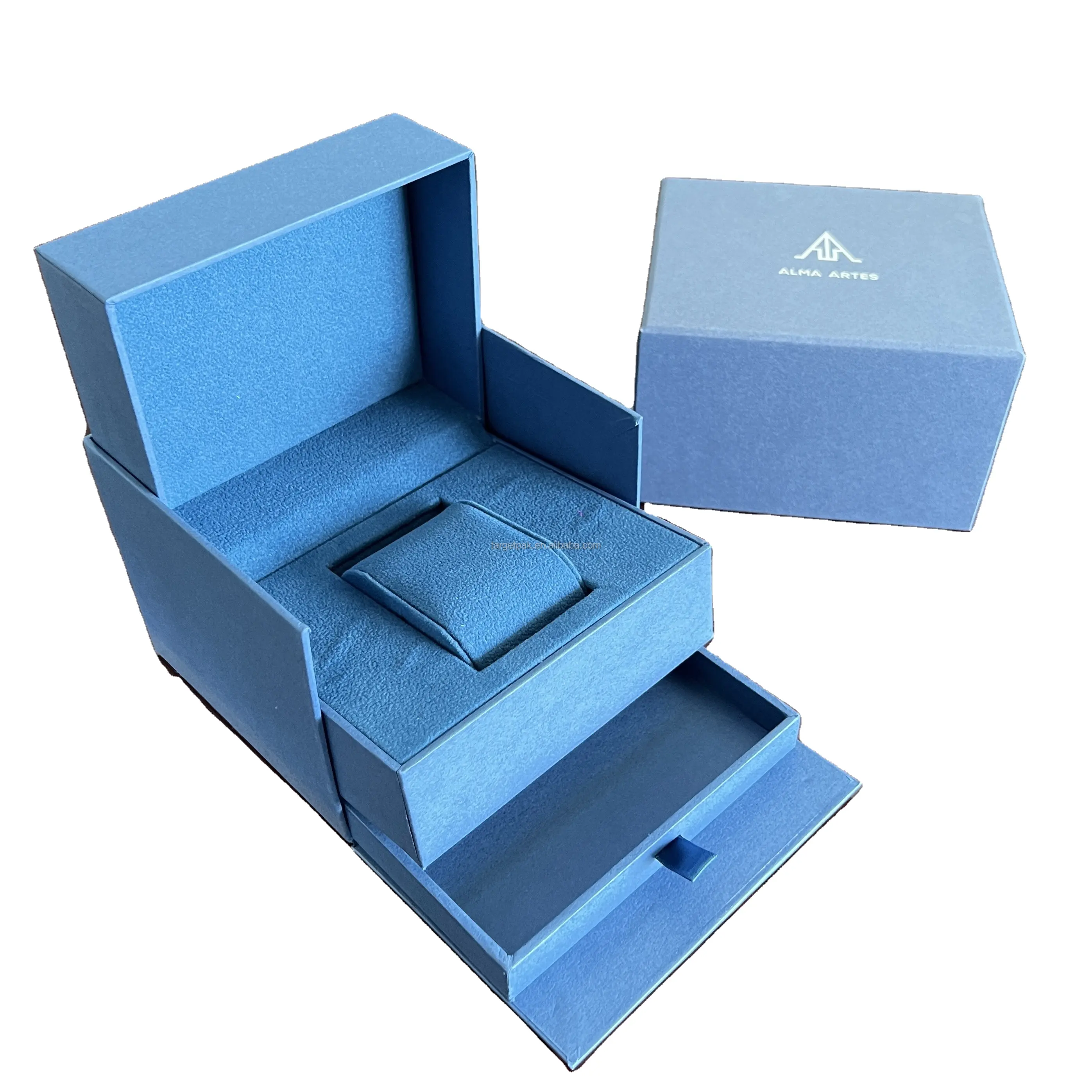 Display per orologio regalo per la festa del papà blu scatola scorrevole cassetto per fodera in cuscino in velluto separato scatola per imballaggio per orologio in lamina d'oro in due pezzi