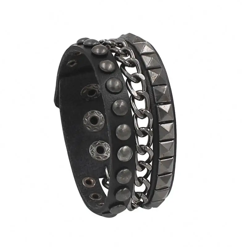 Unisex PU da PUNK ROCK đinh tán gai dây đeo cổ tay Gothic Bangle chains Studded quấn Bangle Vòng đeo tay