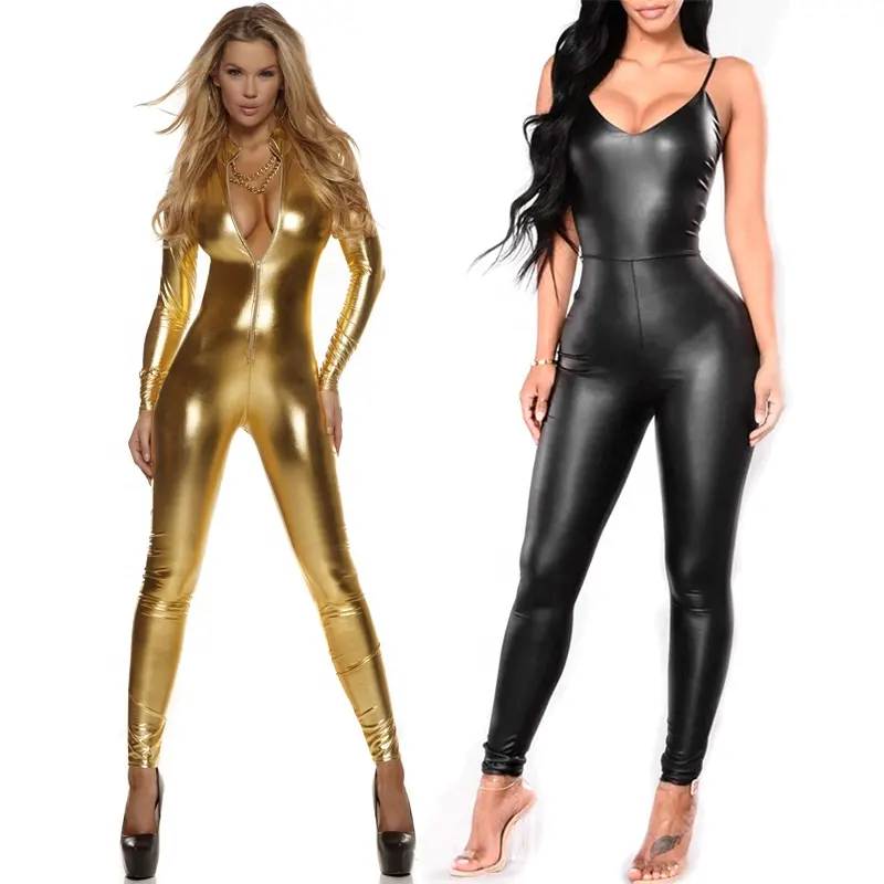 Bayan sıkı Spandex tulumlar altın deri Bodysuit fermuar tayt siyah kedi takım elbise kırmızı Romper tulum lateks Catsuit