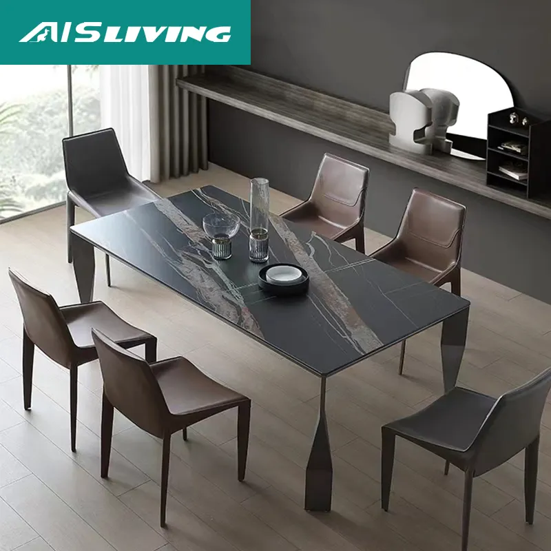 Sillas de comedor con Base de mármol para el hogar, muebles de Metal personalizados pequeños, color gris brillante, estilo nórdico italiano, 6 asientos