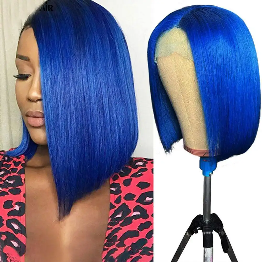 Perruque Lace Front Wig Bob naturelle brésilienne — Joy-con, cheveux vierges, couleur bleue, 10 pouces, 100%