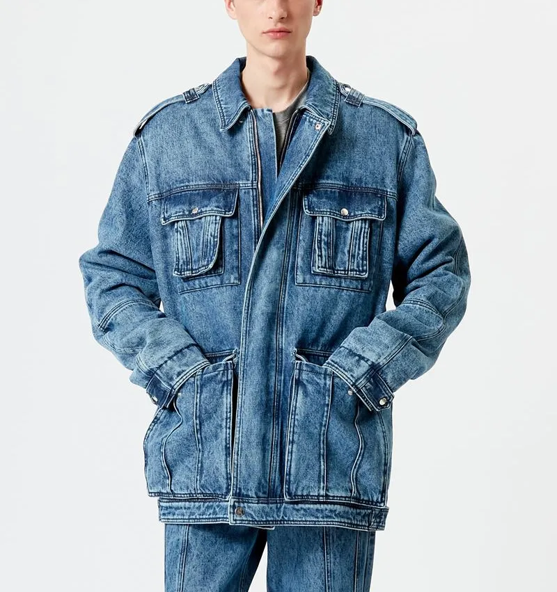 Custom light blau 100% baumwolle denim gewaschen fleece futter winter jeans jacken männer großhandel