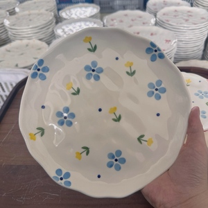 手绘花卉8英寸浅盘彩色时尚平面陶瓷餐具，适合家庭用餐和特殊场合