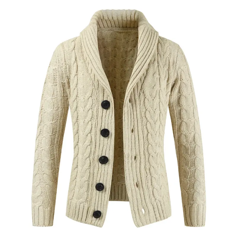 Cardigan épais pour hommes, col de châle, personnalisé, OEM, câble de laine, tricot épais, manches longues, manteau ouvert avec boutons