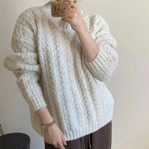 Jersey torcido de alta calidad, suéter tejido a mano para mujer, suéter grueso de invierno e invierno de manga larga con cuello redondo, suéter de punto grueso