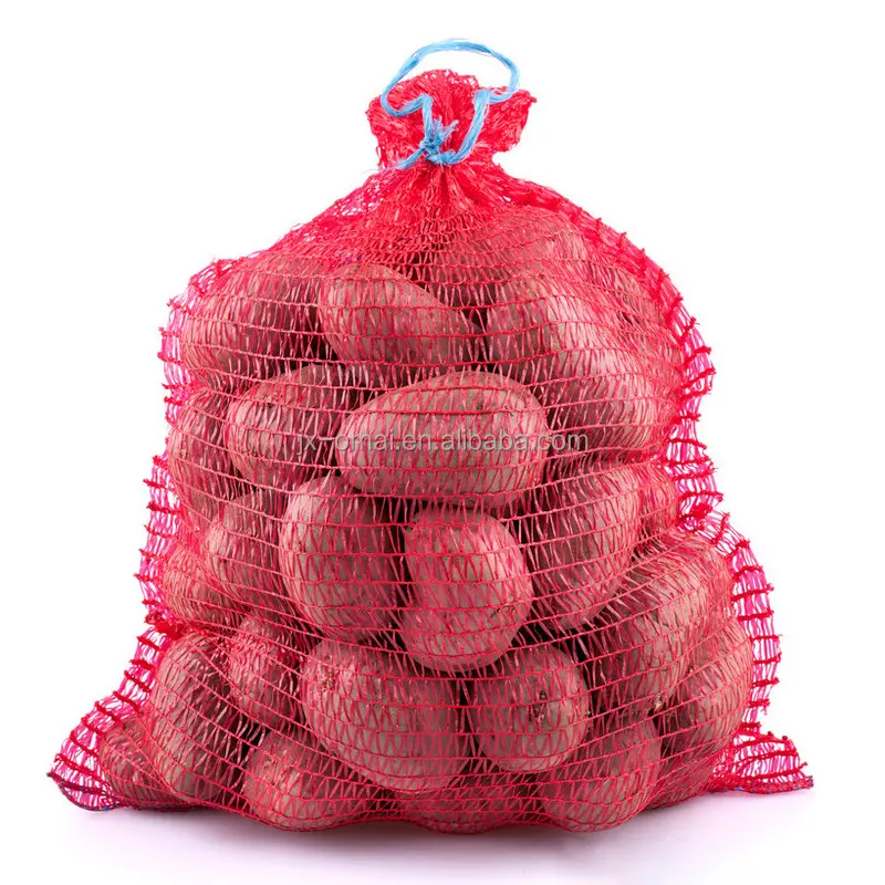 Saco de red de malla de plástico rojo de material PE personalizado de 20kg-25kg para embalaje de ajo, bolsa de red agrícola