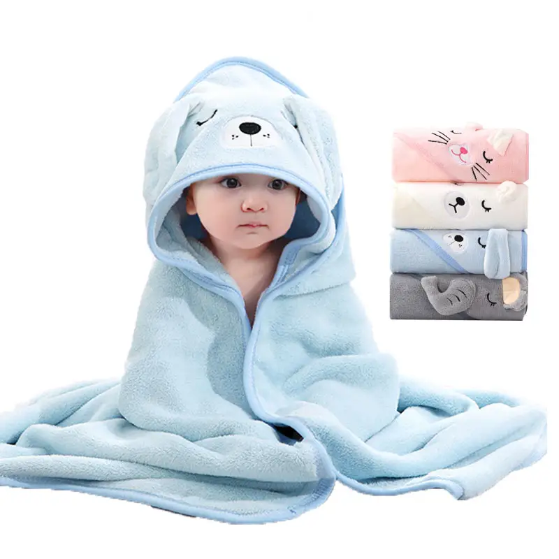 Commercio all'ingrosso coral fleece plain cartoon toy character hooded neonato bathing baby kid asciugamano da bagno