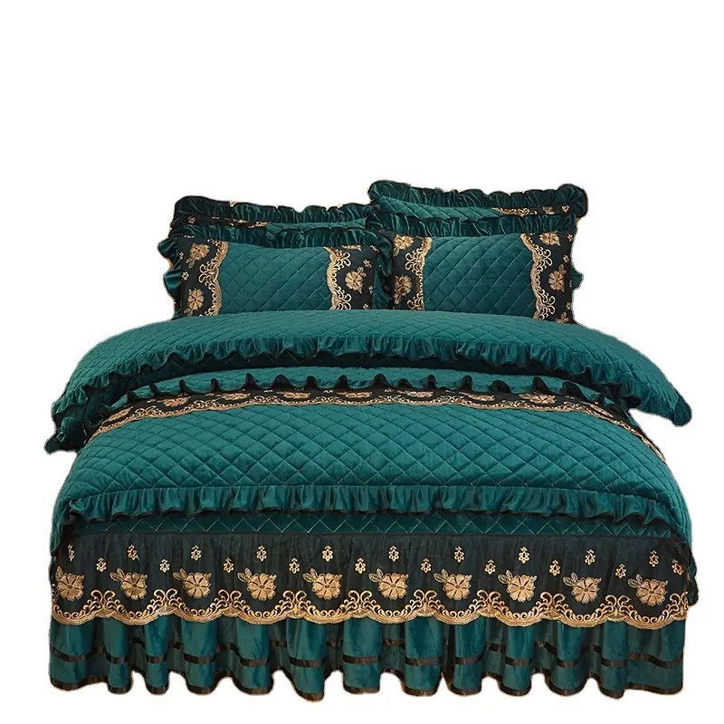 Estilos europeus à prova d' água embroid flor Lace Wrap Around Bed Saias Duvet Cover Set