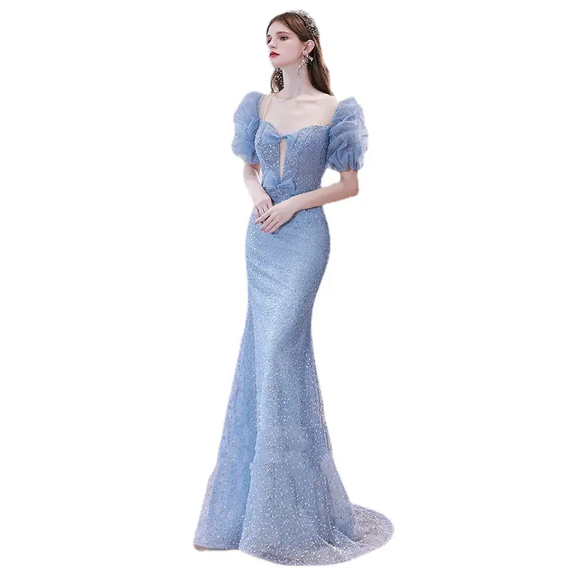 S7892F bleu perlé sirène Super fée lumière luxe haute définition épaules robes pour femmes robes de soirée