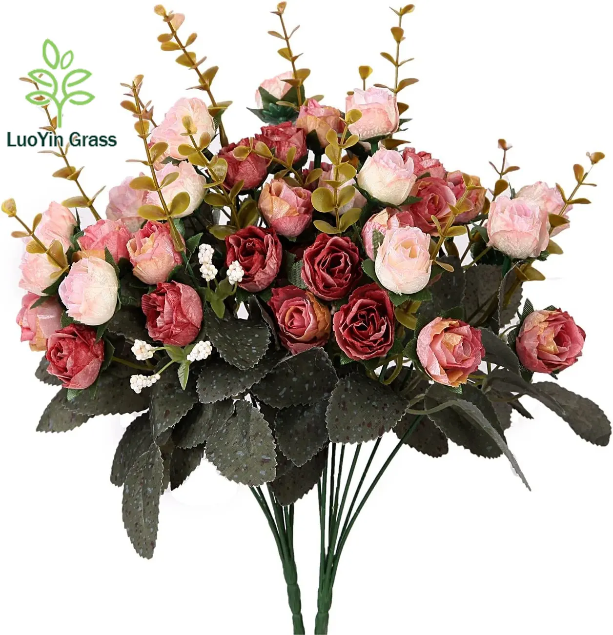 Ly 7 galhos de flores artificiais de 21 cabeças, mini buquê de rosas, casamento, decoração de escritório em casa